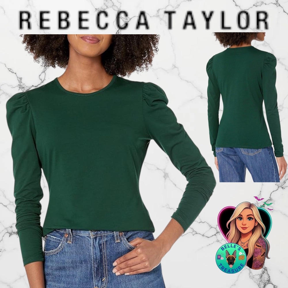 Rebecca Taylor Women's Small Forest Green Puff Shoulder Long Sleeve Cotton Top